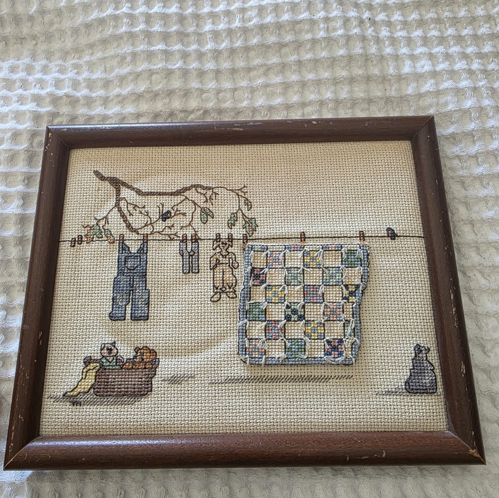 Vintage Cross-Stitch Art with Wooden Frame